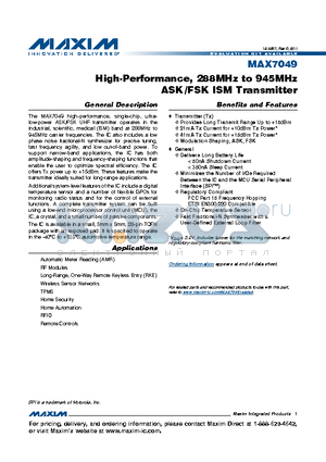 MAX7049ATI datasheet - High-Performance, 288MHz to 945MHz ASK/FSK ISM Transmitter