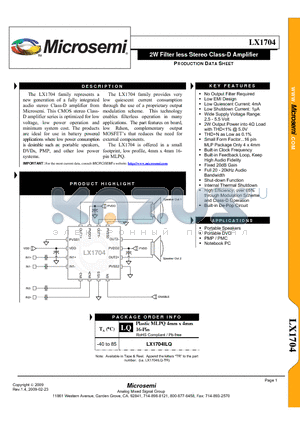 LX1704_09 datasheet - 2W Filter less Stereo Class-D Amplifier