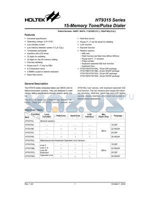 HT9315AL datasheet - 15-Memory Tone/Pulse Dialer