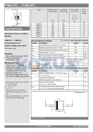 P800GTL datasheet - Standard silicon rectifier diodes