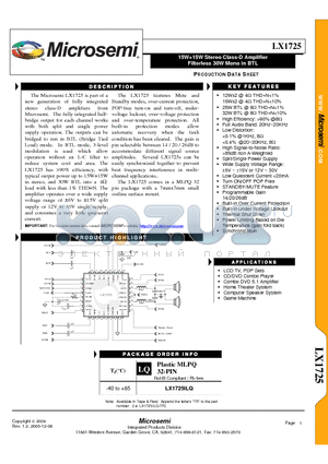 LX1725 datasheet - 15W15W Stereo Class-D Amplifier Filterless 30W Mono in BTL