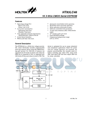 HT93LC46 datasheet - 1K 3-Wire CMOS Serial EEPROM