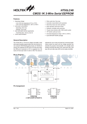HT93LC46 datasheet - CMOS 1K 3-Wire Serial EEPROM