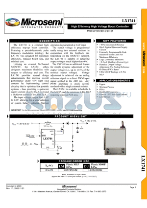 LX1741 datasheet - High Efficiency High Voltage Boost Controller