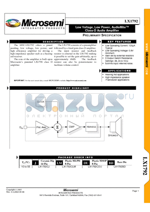 LX1792 datasheet - Low Voltage, Low Power, AudioMite Class-D Audio Amplifier