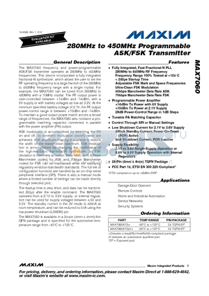 MAX7060ATG/V+ datasheet - 280MHz to 450MHz Programmable ASK/FSK Transmitter