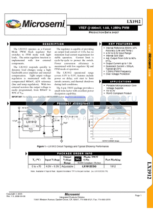 LX1912CSG datasheet - VREF @ 800mV, 1.0A, 1.2MHz PWM Current Mode PWM Buck regulator