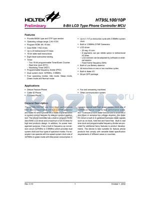 HT95C20P datasheet - 8-Bit LCD Type Phone Controller MCU