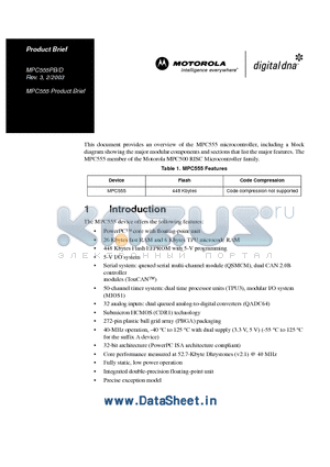 MPC555LFAZP40 datasheet - This document provides an overview of the MPC555 microcontroller, including a block diagram showing the major modular components and sections that lis