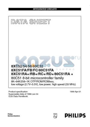 P80C32SBAA datasheet - 8-bit CMOS (low voltage, low power and high speed) microcontroller families