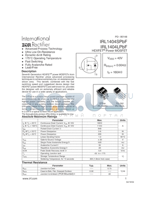 IRL1404LPBF datasheet - HEXFET^ Power MOSFET