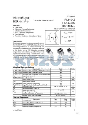 IRL1404ZL datasheet - AUTOMOTIVE MOSFET