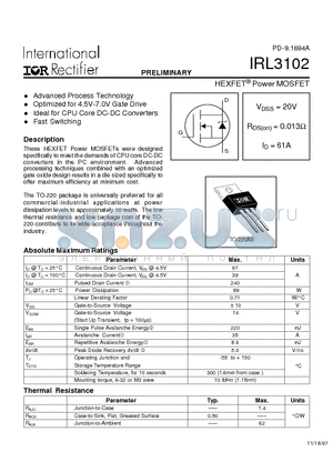 IRL3102 datasheet - Power MOSFET(Vdss=20V, Rds(on)=0.013ohm, Id=61A)
