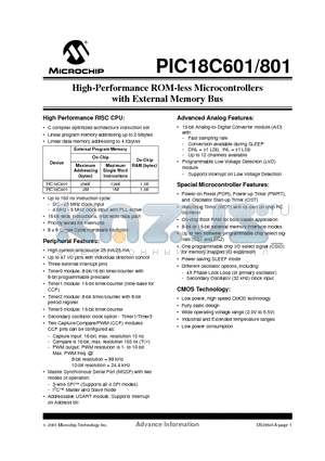 PIC18C801 datasheet - High-Performance ROM-less Microcontrollers with External Memory Bus