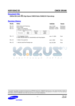 K6R1016V1D-KC10 datasheet - 256Kx4 Bit (with OE) High-Speed CMOS Static RAM(5.0V Operating).