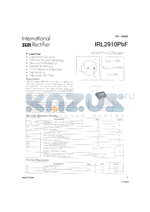 IRL2910PBF datasheet - HEXFET POWER MOSFET ( VDSS = 100V , RDS(on) = 0.026Y , ID = 55A )