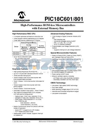 PIC18C801I/L datasheet - High-Performance ROM-less Microcontrollers with External Memory Bus