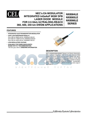 NX8564LE878-CC datasheet - NECs EA MODULATOR INTEGRATED InGaAsP MQW DFB LASER DIODE MODULE FOR 2.5 Gb/s ULTRALONG-REACH 360, 600, 240 km DWDM APPLICATIONS