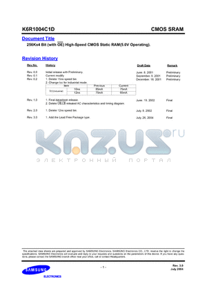 K6R1016V1D-UI08 datasheet - 256Kx4 Bit (with OE) High-Speed CMOS Static RAM(5.0V Operating).