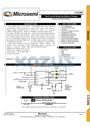 LX2206 datasheet - Dual Level Lithium Ion Battery Charger