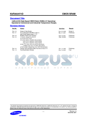 K6R3024V1D-HI10 datasheet - 128K x 24 Bit High-Speed CMOS Static RAM(3.3V Operating)