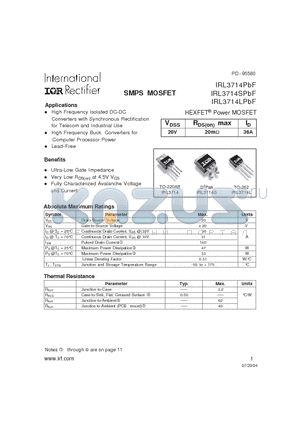 IRL3714SPBF datasheet - SMPS MOSFET HEXFET^Power MOSFET