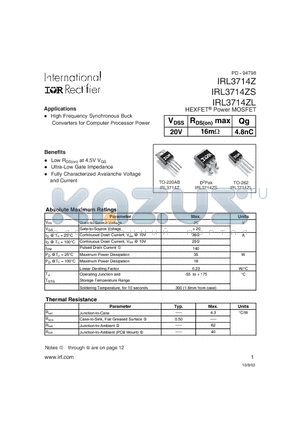 IRL3714ZS datasheet - HEXFET Power MOSFET