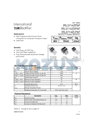 IRL3714ZLPBF datasheet - HEXFET^Power MOSFET