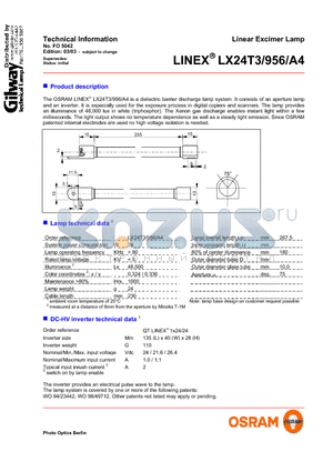 LX24T3/956/A4 datasheet - Linear Excimer Lamp