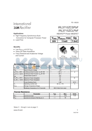 IRL3715ZCLPBF datasheet - HEXFET^ Power MOSFET