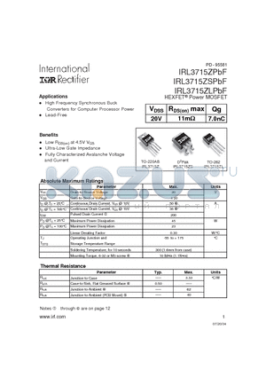 IRL3715ZSPBF datasheet - HEXFET^Power MOSFET