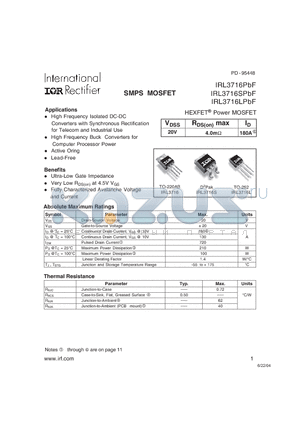 IRL3716SPBF datasheet - SMPS MOSFET