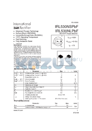 IRL530NSPBF datasheet - HEXFET Power MOSFET ( VDSS=100V , RDS(on)=0.10Y , ID=17A )