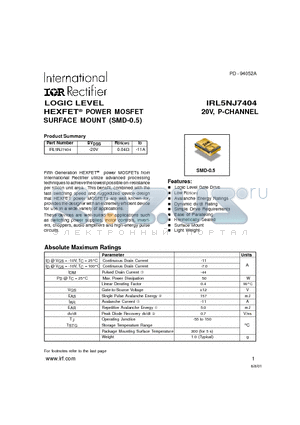 IRL5NJ7404 datasheet - HEXFET POWER MOSFET SURFACE MOUNT (SMD-0.5) 20V, P-CHANNEL