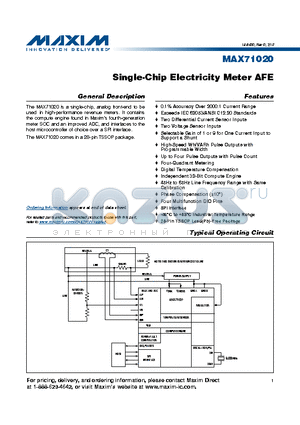 MAX71020AEUI+ datasheet - Single-Chip Electricity Meter AFE