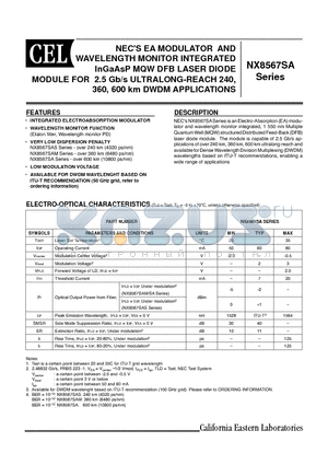 NX8567SA299-CC datasheet - EA MODULATOR AND WAVELENGTH MONITOR INTEGRATED InGaAsP MQW DFB LASER DIODE MODULE FOR 2.5 Gb/s ULTRALONG-REACH 240, 360, 600 km DWDM APPLICATIONS