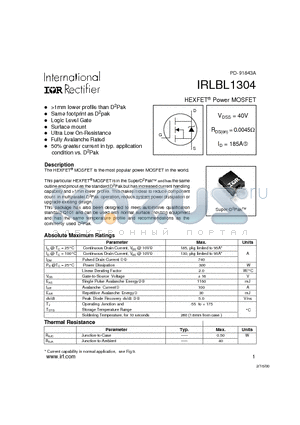 IRLBL1304 datasheet - HEXFET^ Power MOSFET