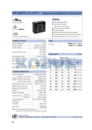 HF140FF/009-2HSWGXXX datasheet - MINIATURE INTERMEDIATE POWER RELAY