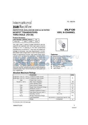 IRLF120 datasheet - HEXFET TRANSISTORS THRU-HOLE (TO-39)