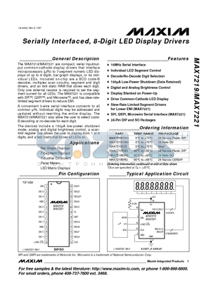 MAX7221EWG datasheet - Serially Interfaced, 8-Digit LED Display Drivers