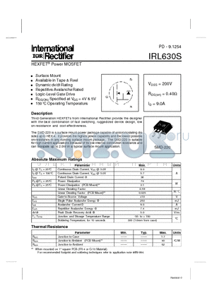 IRL630S datasheet - Power MOSFET(Vdss=200V, Rds(on)=0.40ohm, Id=9.0A)