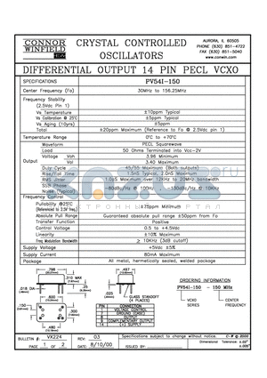 PV54I-150-150M datasheet - DIFFERENTIAL OUTPUT 14 PIN PECL VCXO