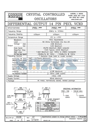 PV54-150 datasheet - DIFFERENTIAL OUTPUT 14 PIN PECL VCXO