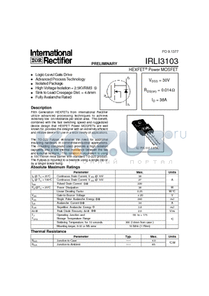 IRLI3103 datasheet - HEXFET Power MOSFET