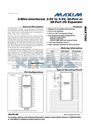 MAX7300AAI datasheet - 2-Wire-Interfaced, 2.5V to 5.5V, 20-Port or 28-Port I/O Expander