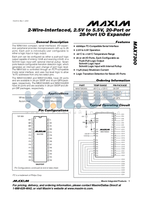 MAX7300AAX datasheet - 2-Wire-Interfaced, 2.5V to 5.5V, 20-Port or 28-Port I/O Expander