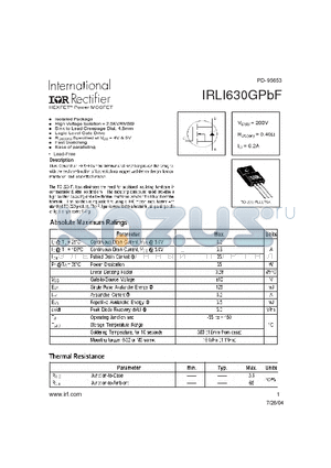 IRLI630GPBF datasheet - HEXFET Power MOSFET