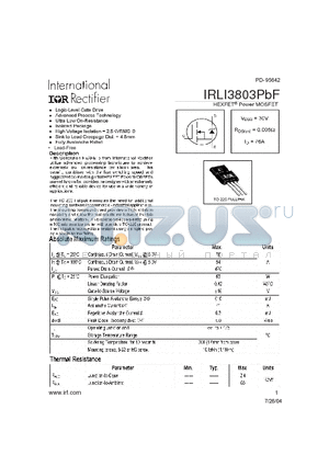 IRLI3803PBF datasheet - HEXFET Power MOSFET