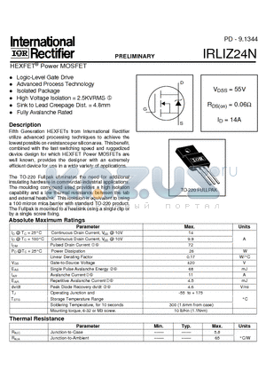 IRLIZ24N datasheet - HEXFET Power MOSFET