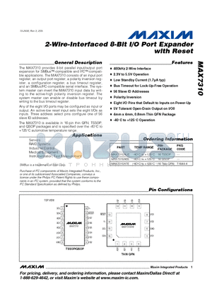 MAX7310 datasheet - 2-Wire-Interfaced 8-Bit I/O Port Expander with Reset